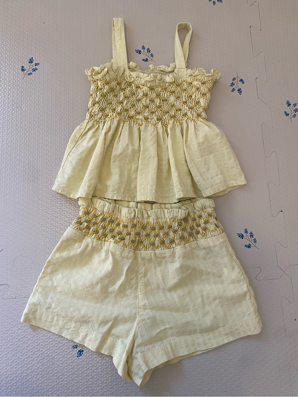 Smocked Two-Piece Tank & Shorts Set - Pale Yellow/Lime green shade